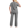 thumbnail image 5 of Women's Solid Color Stretchy Flare Scrub Set V-Neck Short Sleeve Top With Tie Waist Straight Pants Soft Breathable Fabric For Hospital Workplace Daily Wear Gray L, 5 of 5
