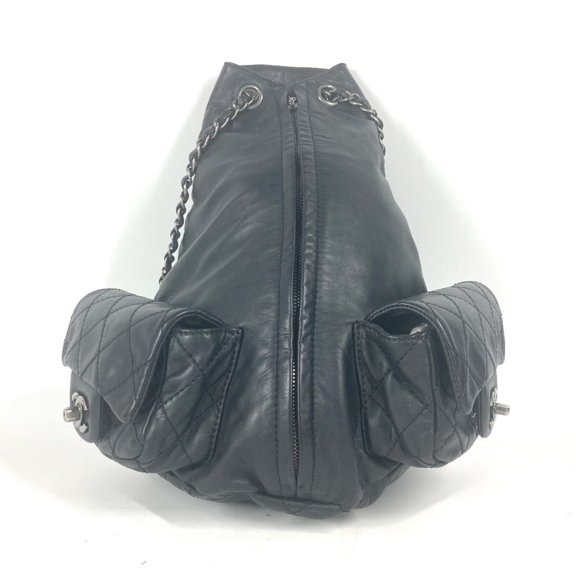Pre-Owned CHANEL Double Pocket Quilted Bag Zipper Chain Backpack Gunmetal Rucksack Leather...