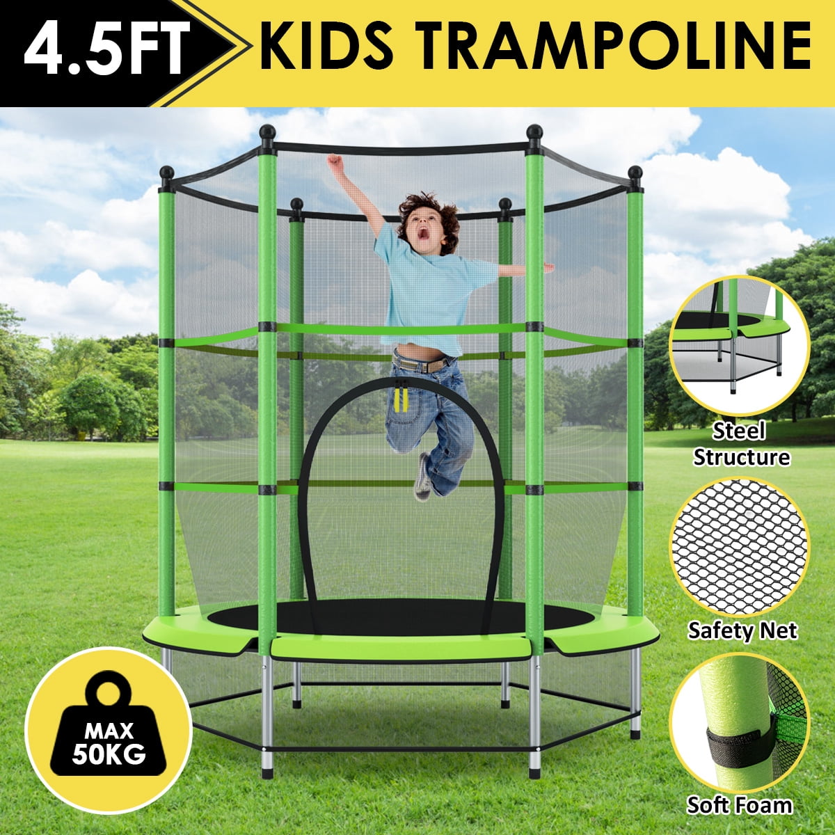 Topbuy Kids Round Jumping Trampoline Combo Bed Trampoline W/ Safety Enclosure Net Green