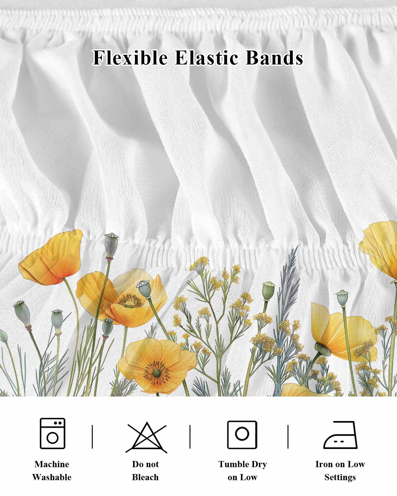 Yellow Spring Floral Wrap Around Bed Skirts for King Bed 18" Drop, Bed Skirt with Adjustable Elastic Belt Dust Ruffle Bed Valance for Bedroom Hotel Luxury Watercolor Summer Botanical Bed Frame Cover