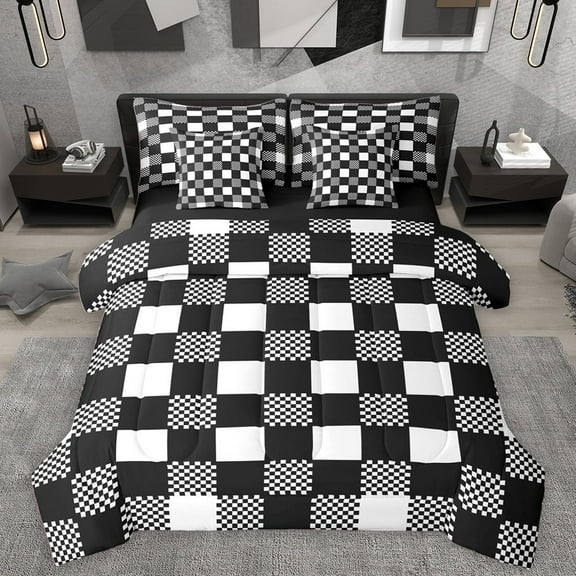 Homewish Black White Grid 7-Piece Twin Bedding Sets For Kids Children Teens,Geometric Buffalo Bedding Comforter Set,Minimalist Abstract Breathable Sheet Sets,Microfiber Bedroom Decor,Reversible