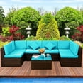 thumbnail image 1 of 7 Pieces Outdoor Wicker Patio Sets, SEGMART 7 Pieces Outdoor Wicker Patio Furniture Set with 2 Corner Sofa, Tempered Glass Table, 4 Single Sofa, 12 Padded Cushions, 2 Pillows, Blue, S7224, 1 of 9