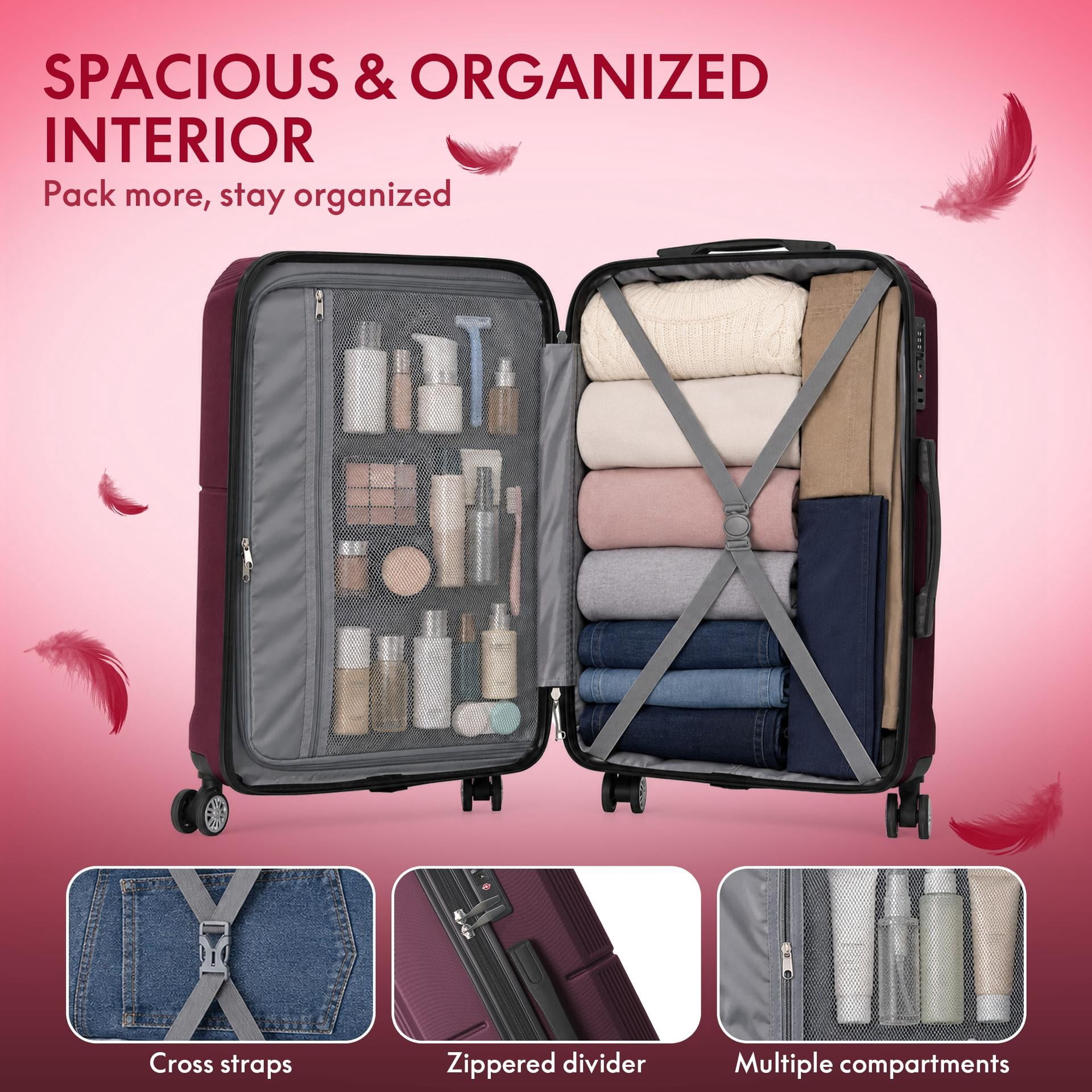 3-Piece ABS Hardshell Luggage Set, Lightweight Durable Suitcases with TSA-Approved Lock, 4 Silent Spinner Wheels & Scratch-Resistant Ribbed Shell, 20"/24"/28", Purple