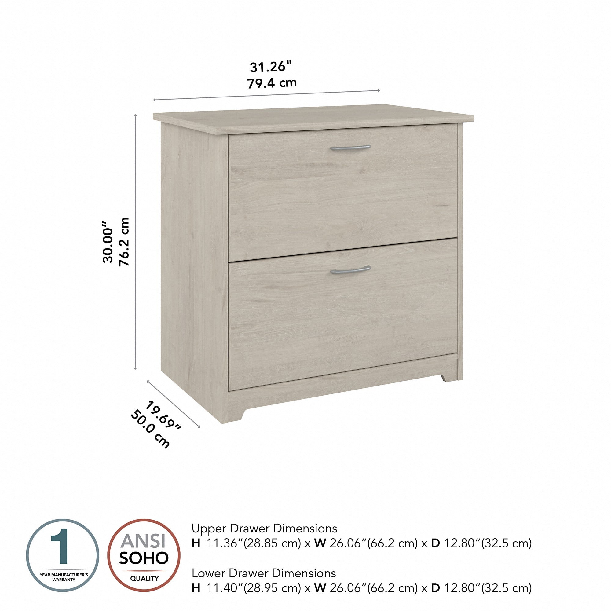 Bush Furniture Cabot Lateral File Cabinet, 2 Drawer, Linen White Oak