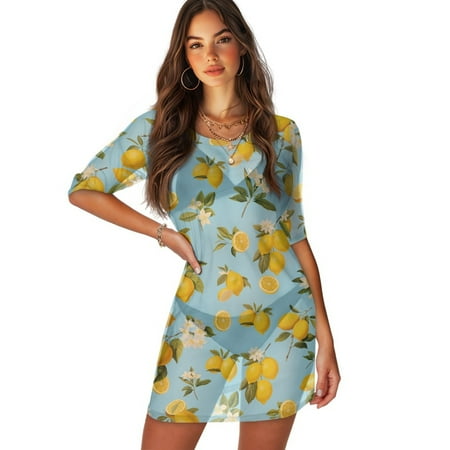 FKELYI Blue Floral Lemon Print Women s Swimsuit Cover Ups Round Neck Swimwear Cover-Up Half-Sleeve Beachwear Bikini Beach Dress for Ladies Summer Vacation Swimming  M