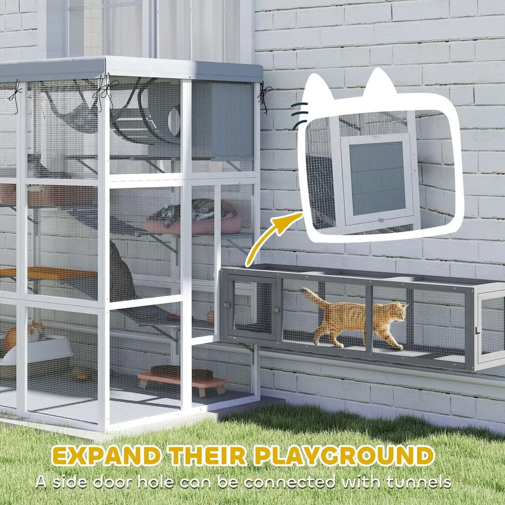 Topcobe Large Outdoor Catio Cat Enclosure with Hammock, Condo, Jump Platforms, Ladders, Ramps, Tarp, for 2-4 Large Cats, Outside Pet Shelter, Small Animal Habitat, Gray