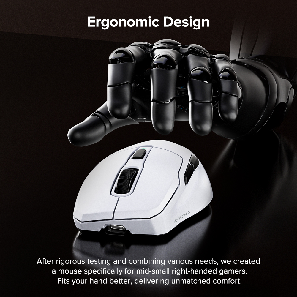KYSONA Wireless Gaming Mouse, 24000 DPI, 1K Polling Rate, 2.4GHz/USB-C/Bluetooth Ergonomic Mouse, Web-Driven, Rechargeable Gaming Mice for PC/Mac/Tablet/Xbox, White