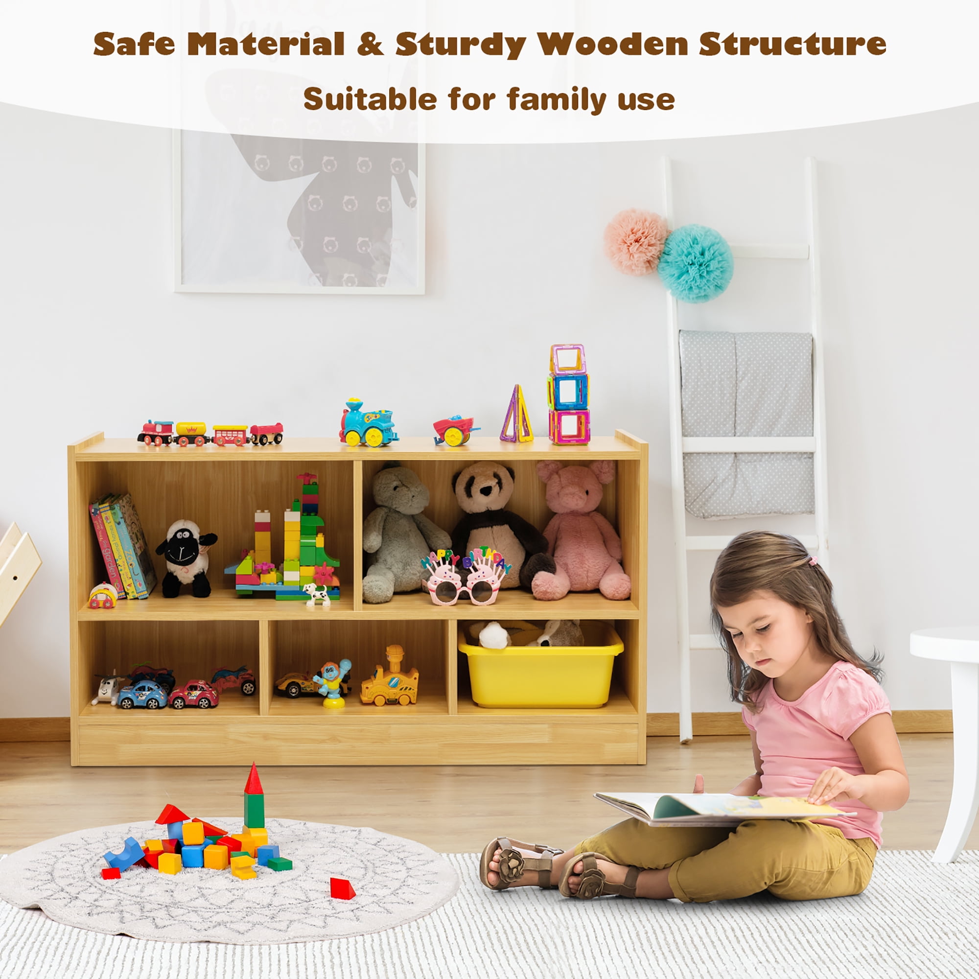 Costway Kids 2-Shelf Bookcase 5-Cube Wood Toy Storage Cabinet w/ Shelves Beige