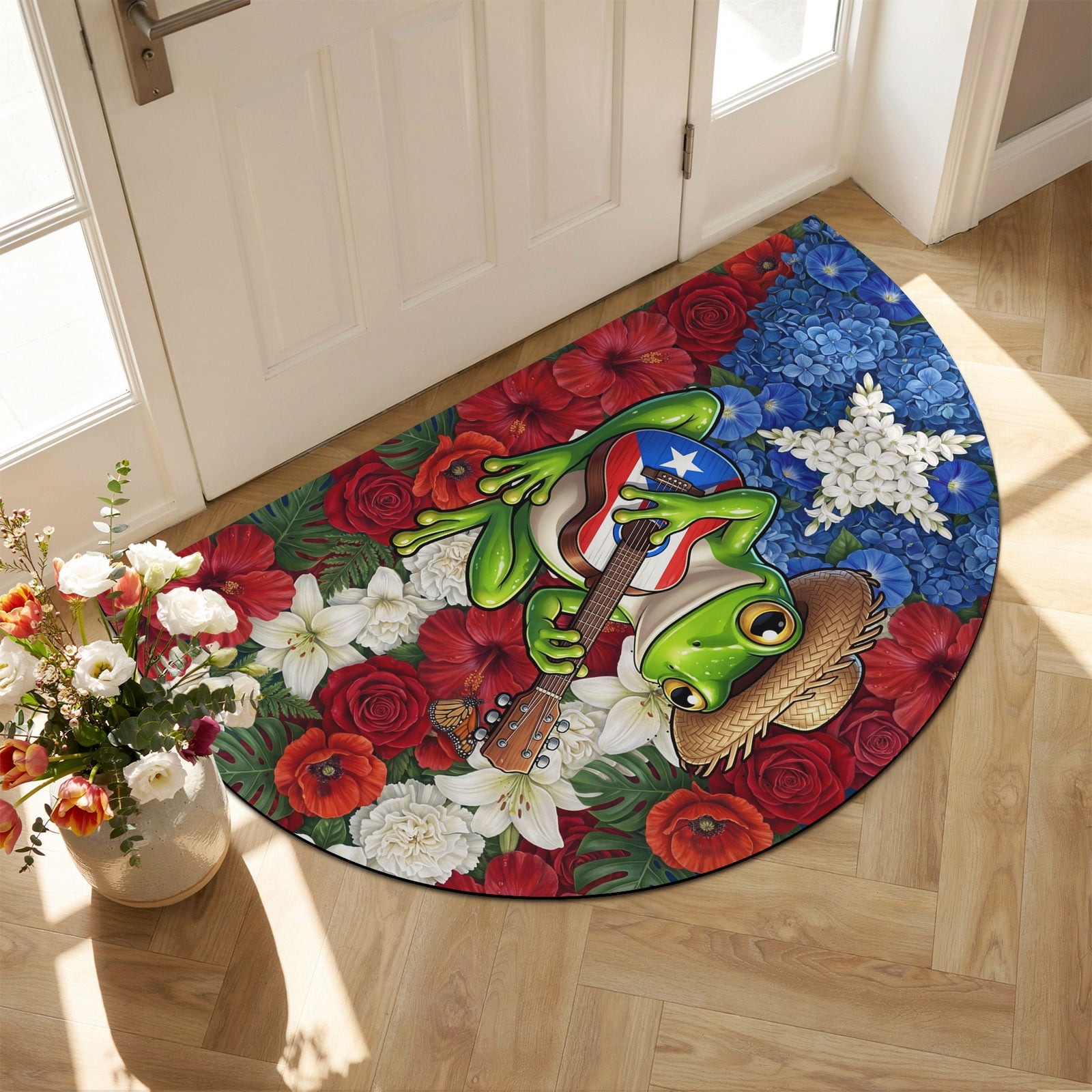 Puerto Rican Half Circle Door Mat Front Door Mat Flag Themed Watercolor Flowers Cartoon Frog Guitar Non Slip Washable Doormats Absorbent Welcome Low Profile Floor Mats for Indoor 18 x30