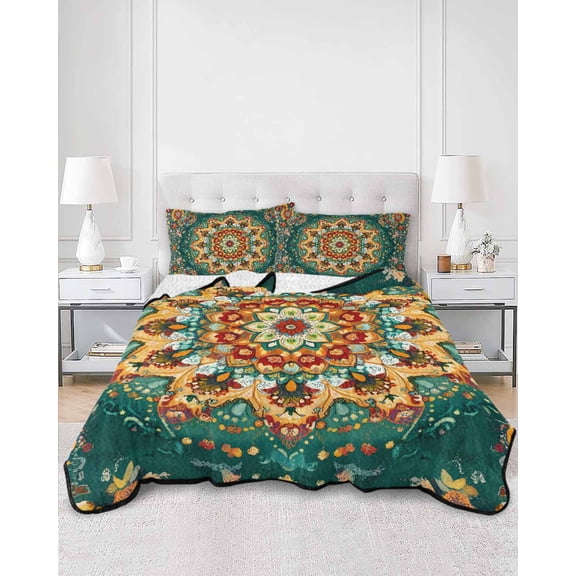 Quilts Twin XL Size, Boho Flower Soft Comforter Bedding Set for Bed, Yellow Green Bohemian Colorful Medallion Lightweight Quilted Bedspread with Pillow Cover(2 Pieces) for All Season, 68x98 Inch