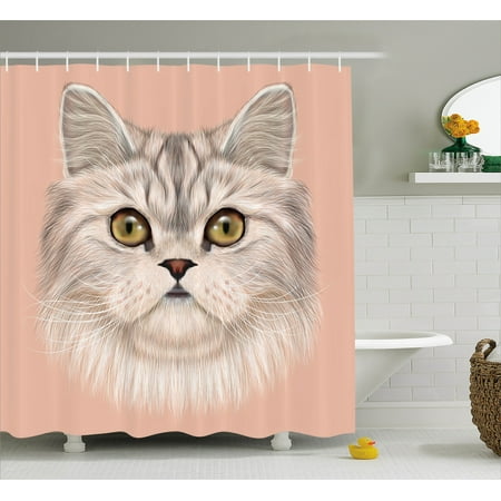 Cat Shower Curtain, Cute Kitty Portrait Whiskers Best Pet Animal I Love My Feline Themed Artwork, Fabric Bathroom Set with Hooks, 69W X 70L Inches, Beige Cream Peach, by (Best Fabric For Cats)