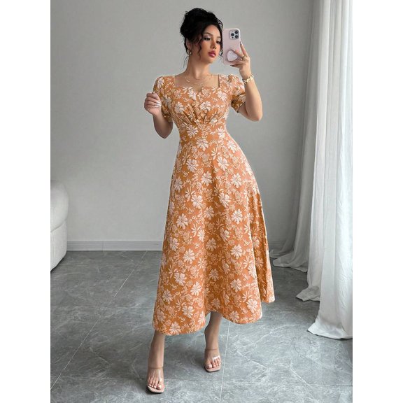 Orange Womens Floral Print Short Sleeve Square Neck Midi Fit & Flare Dress