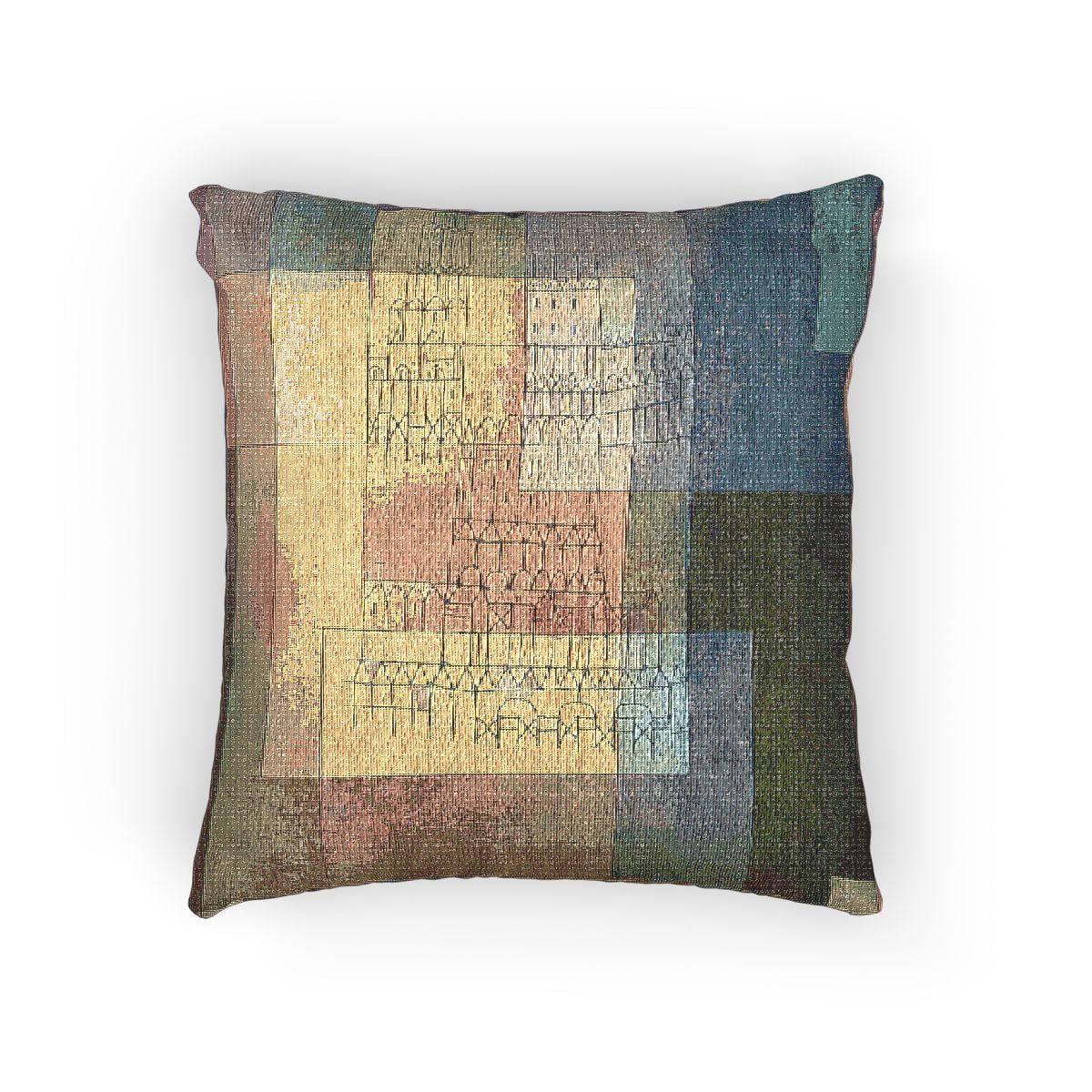 Muted Geometric Grid and Linear Symbols Woven Pillow Blue Ochre Rust and Olive Cotton-Polyester Shell