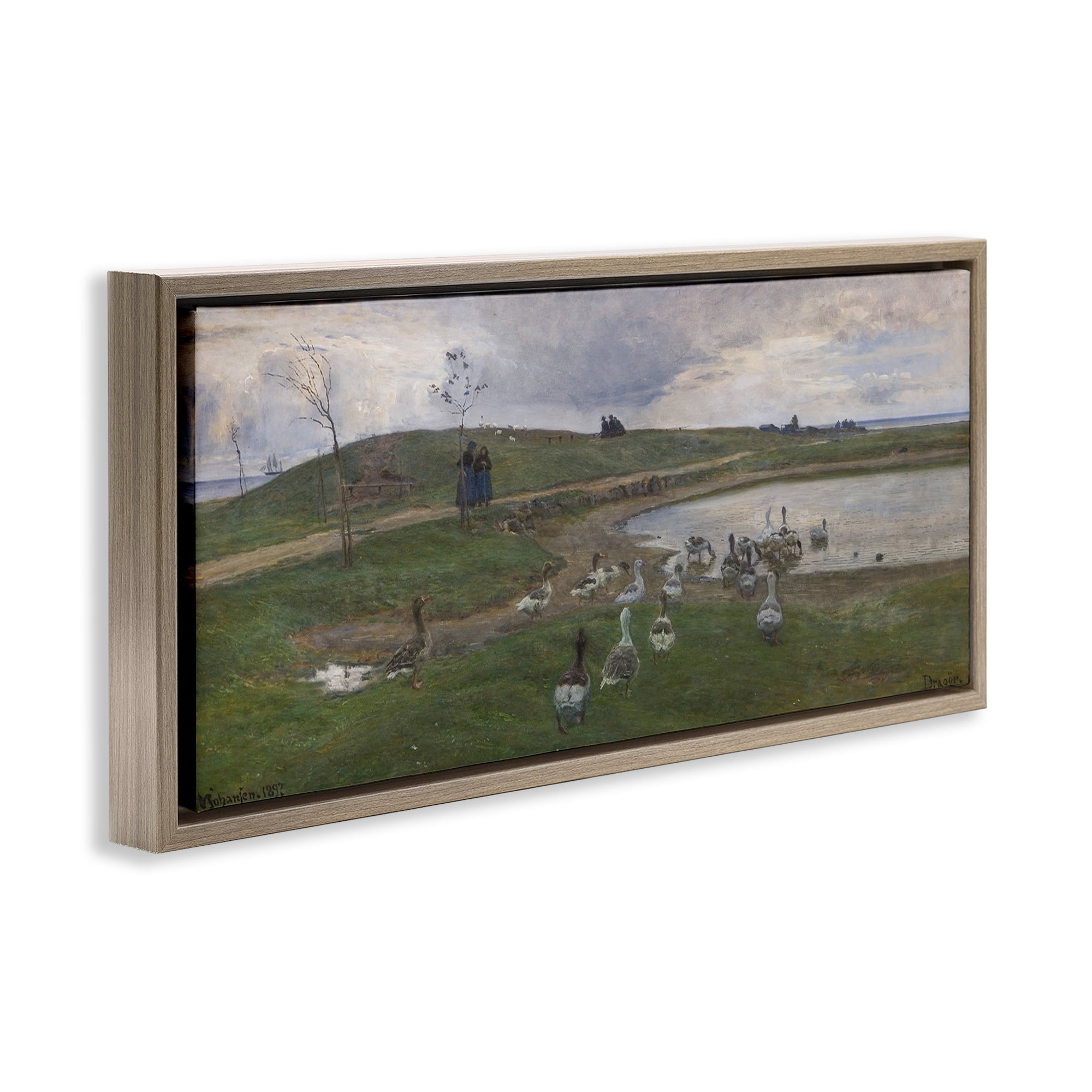 Stupell Industries Ducks Wading in Pond Landscape & Nature Painting Brown Floater Framed Canvas Art Print Wall Art, 25 x 11