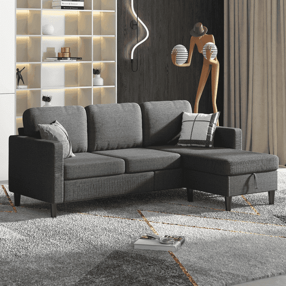 PUREMIND Sectional Sofa with Movable Storage Ottoman, Small L-Shaped Sectional Couch for Living Room/Apartment/Small Space, Dark Gray