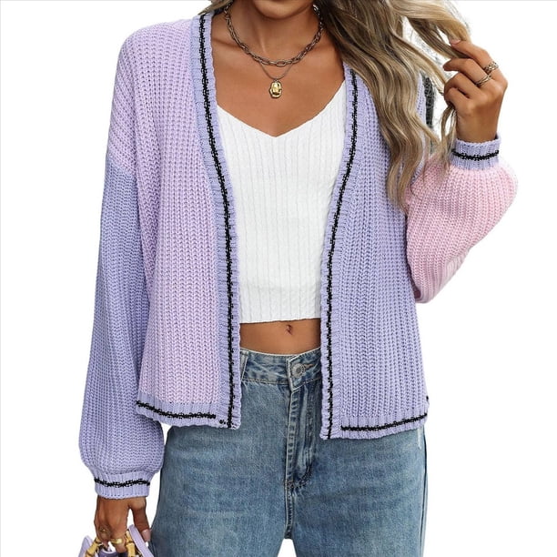 Cárdigan Abierto con Bloques de Color y Rayas en Contraste para Mujer, Suéter Grueso, Abrigo de Abrigo. Púrpura M