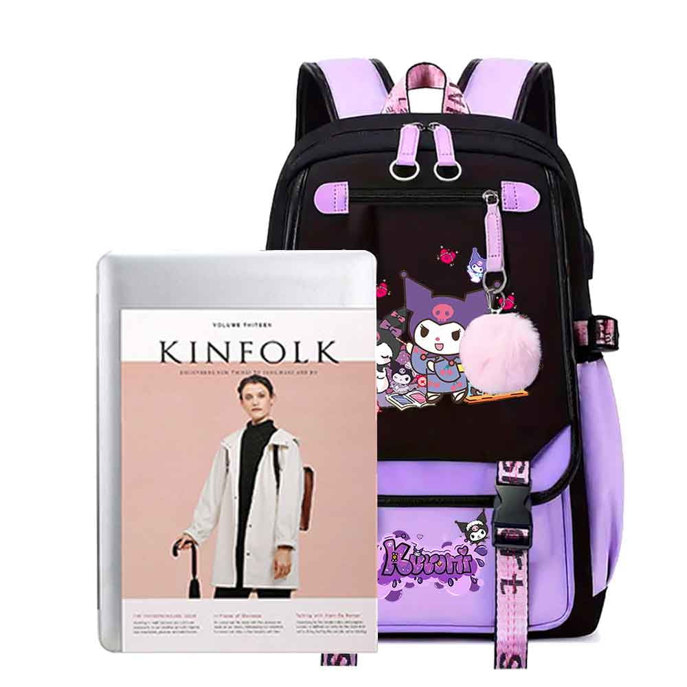 Sanrio Kuromi Backpack with Exquisite Pendant, Middle School Laptop Backpack Student Cute Schoolbag Casual Backpack Travel Backpack, Black Purple