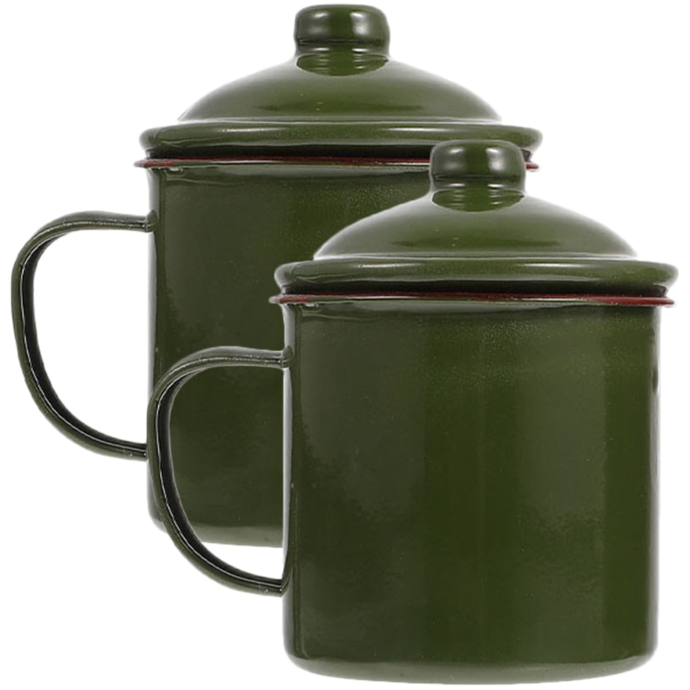 Green Enamel Coffee Mugs with Lid for Kitchen Simple Style Durable and Easy to Clean 2 Pieces