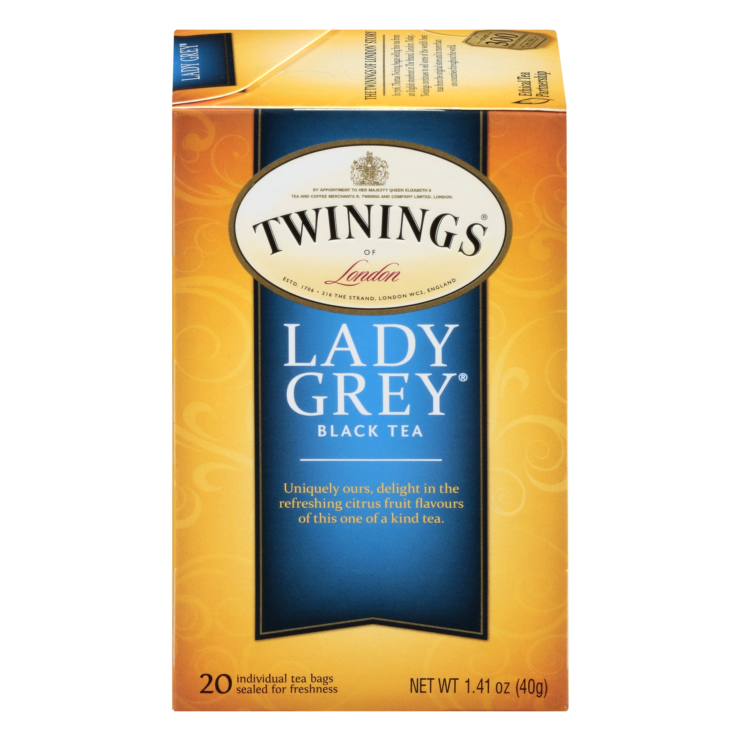 Twinings of London Classics Lady Grey Tea Individually Wrapped Tea Bags, 20 count, 1.41 oz