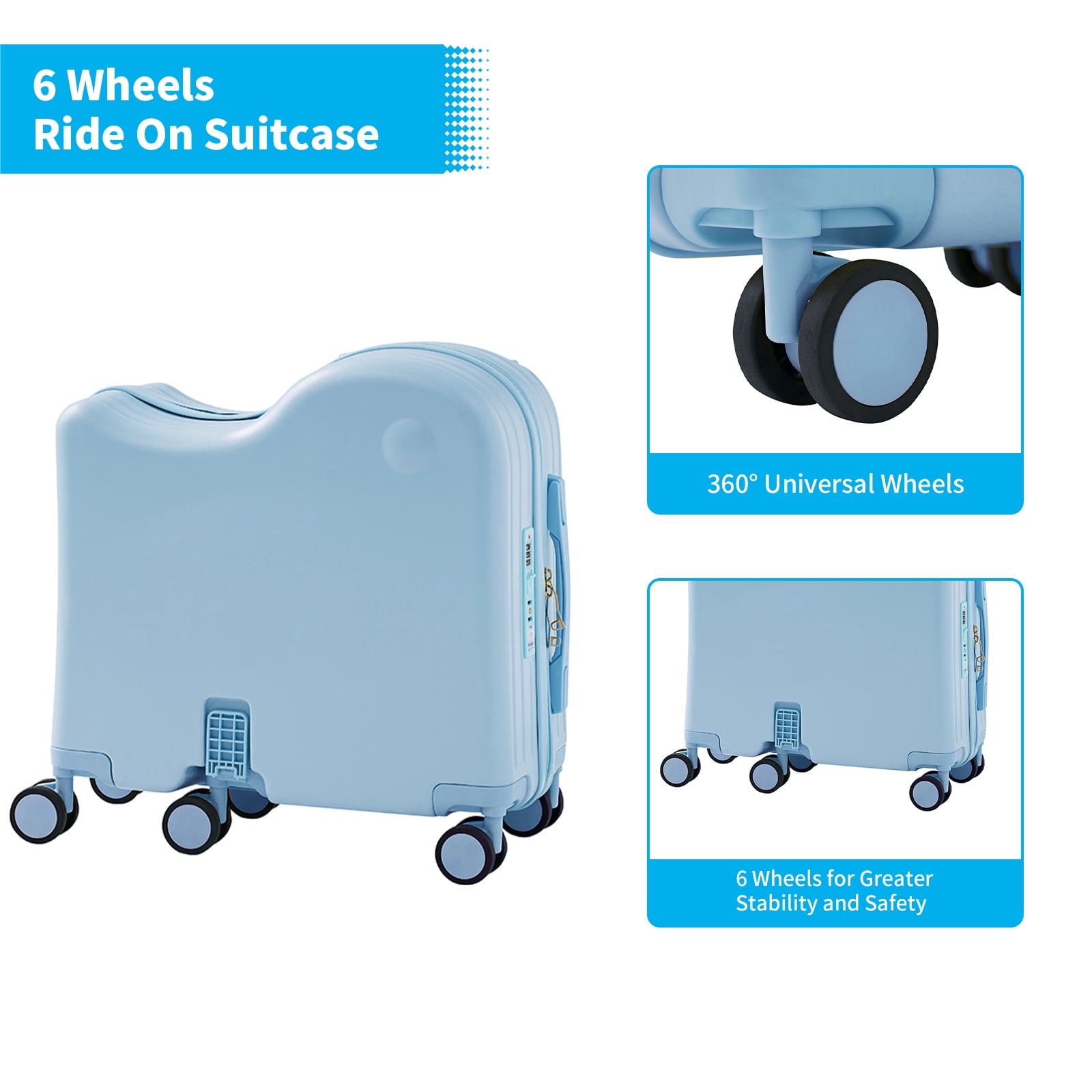 TABU Ride on Luggage with Handbag for Kids , Hardshell Carry on Suitcase with 6-Wheels,Hidden Cup Holder,Foldable Pedal,Blue