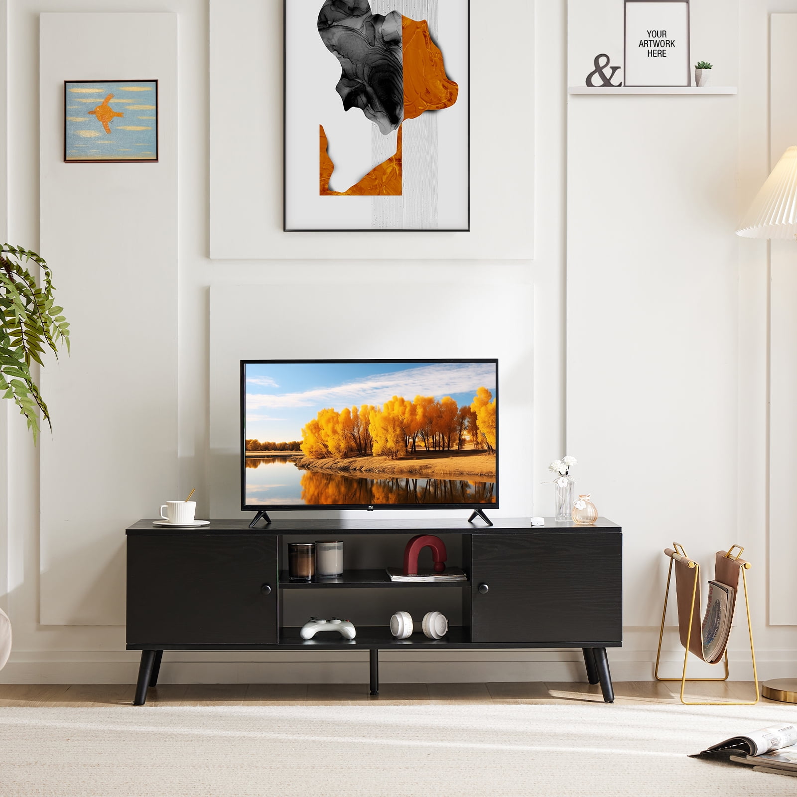 JOINSUN TV Stand for TVs up to 60", Modern Mid Century Entertainment Center with Storage, 2 Cabinet Media Console Table, Black
