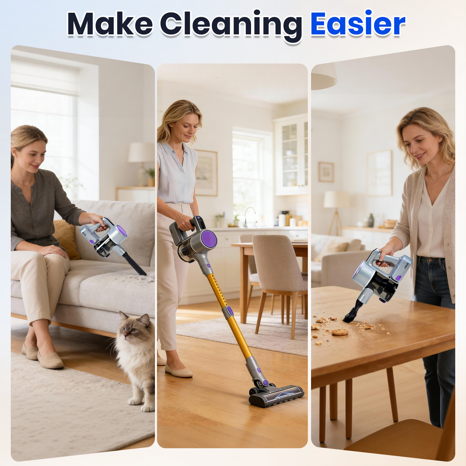 LIFERECORD Cordless Vacuum Cleaner, 180°Flexible Stick Vacuum for Pet Hair with Anti-Tangle Brush, 3 Suction Modes, LED Light for Hardwood Floors, Carpet, Furniture