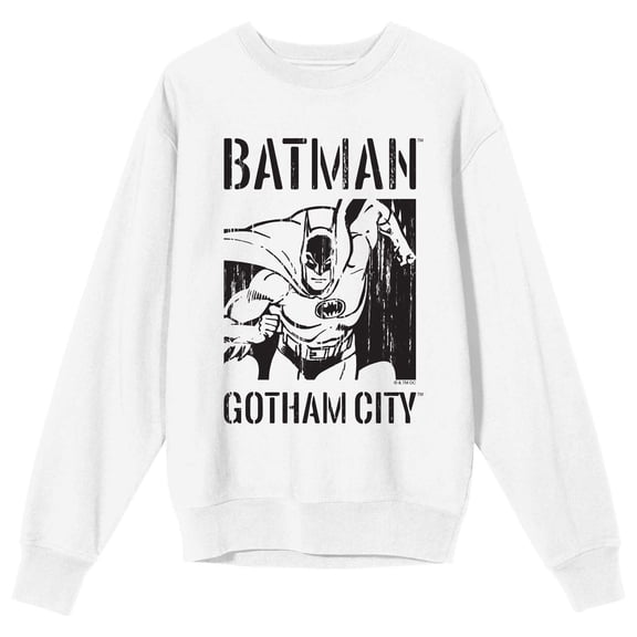 Batman Gotham City Black and White Superhero Women's White Crew Neck Fleece Sweatshirt-Medium