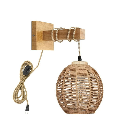KAYYELAMP Hand-Woven Rattan Wall Sconce 9.8Feet Plug in Hemp Dimmer Cord Adjustable Retro Design for Loft Living Room Bedroom Farmhouse