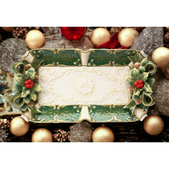 Hand Painted Ceramic Christmas Tray 19.75"x10.25" Holly Holiday Decor Gift