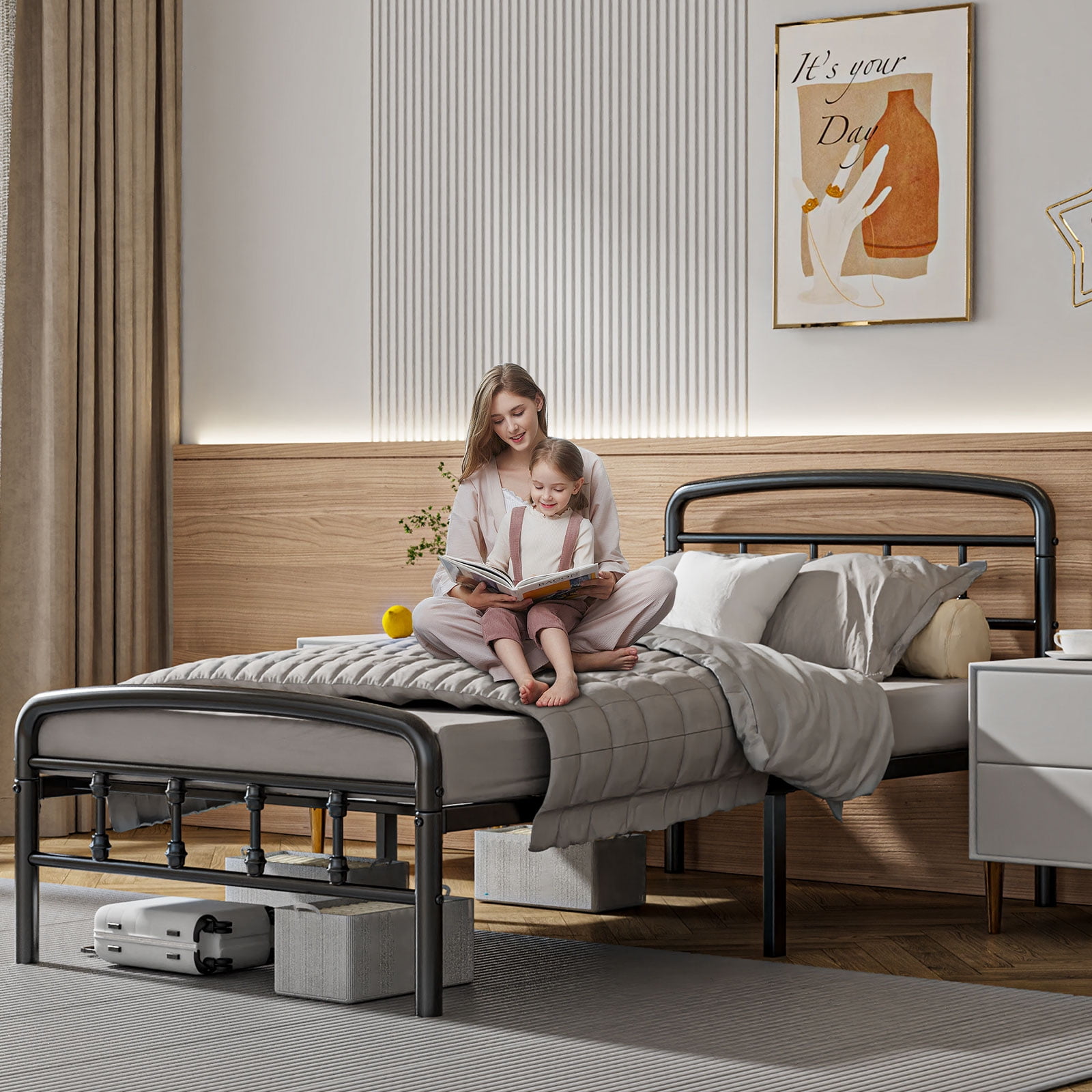 Queen Bed Frame with Headboard,Victorian Style Headboard and Footboard, No Squeak, Heavy Duty 1500lbs Support, Easy 30-Min Tool-Free Assembly, No Box Spring Needed/Underbed Storage