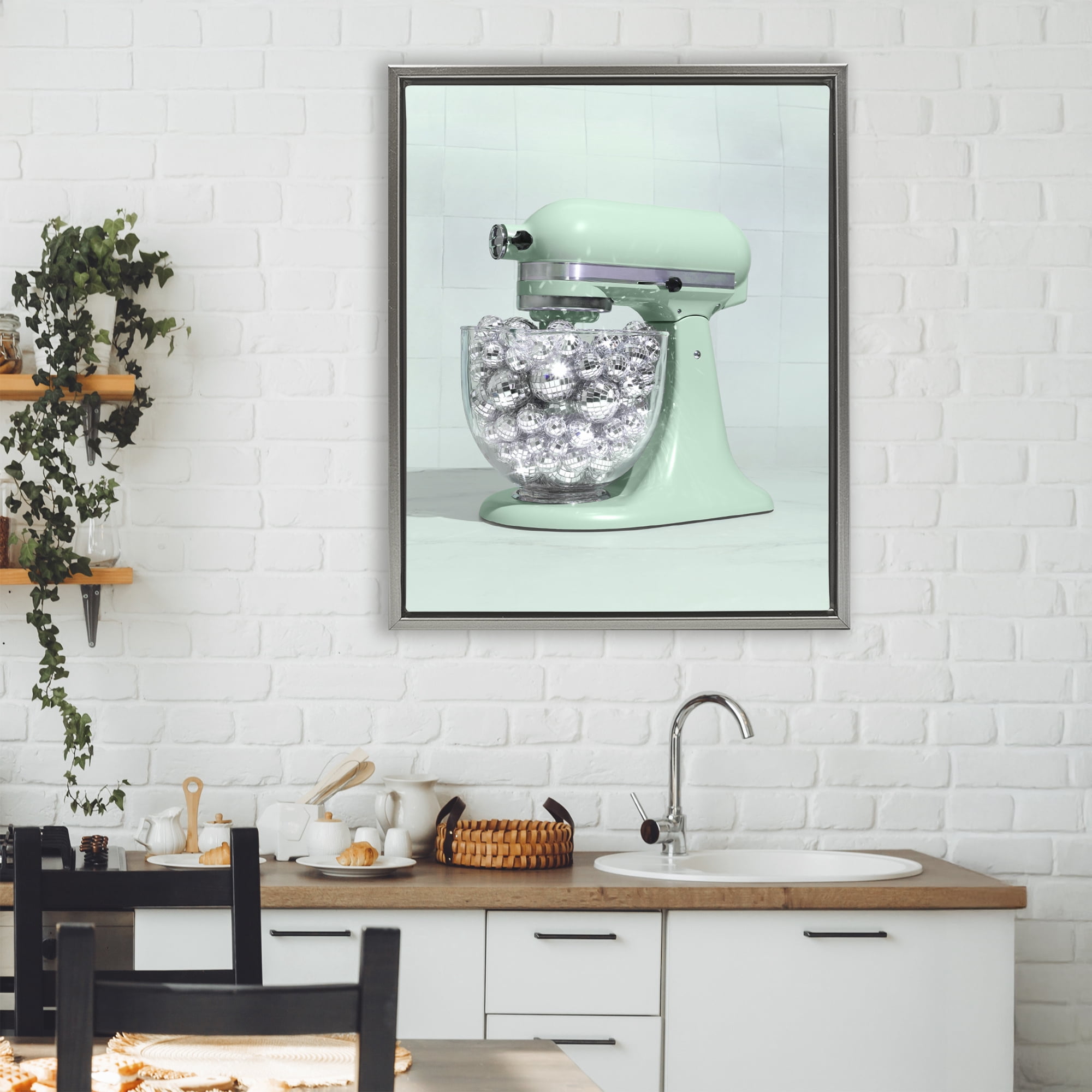 Stupell Industries Disco Kitchen Mixer over Green Gray Framed Floater Canvas Wall Art, design by LISH Creative