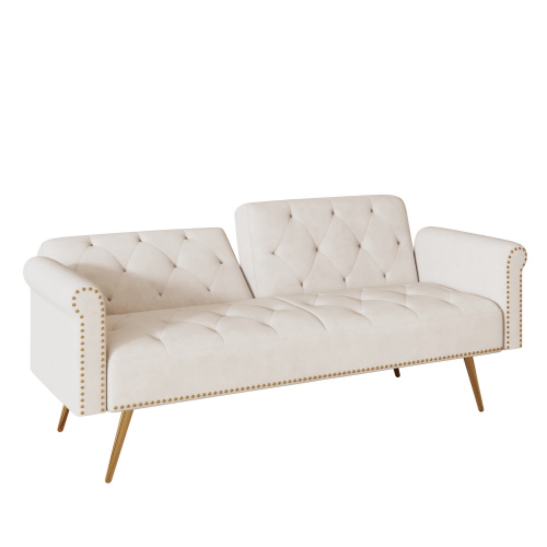 Velvet Sofa Bed, 69.7" Convertible Sleeper Sofa with Nailhead Trim & Pillow for Living Room Bedroom, Beige