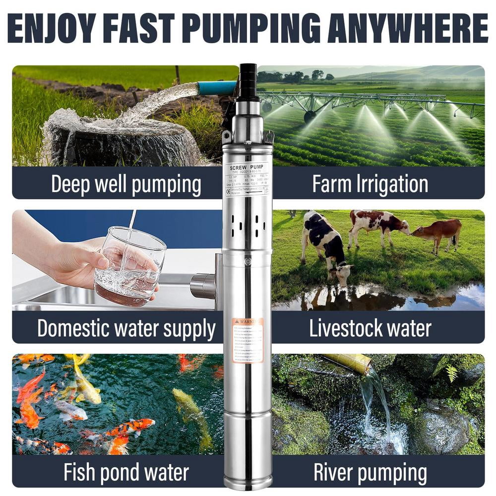 1HP Deep Well Submersible Pump, 110V/60Hz, 164ft Head, 3" Stainless Steel, 49ft Copper Cord - for Irrigation, Home & Industrial Use