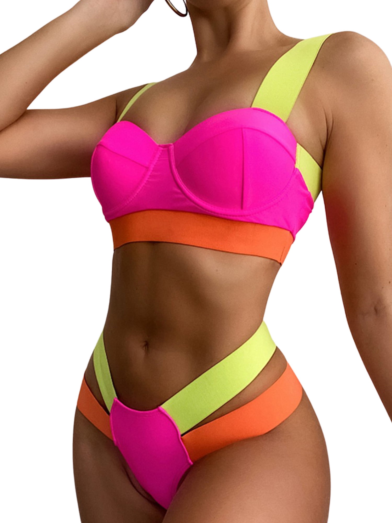 Details about   Ladies Push-Up Strappy Bra Bikini Set Swimsuit High Waist Colorblock Swimwear 