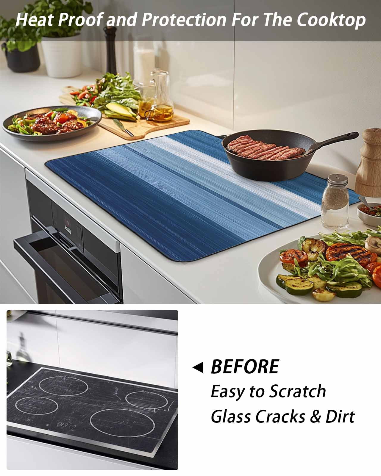 Stove Top Covers for Electric Stove, Blue Ombre Stripe Glass Stovetop Cover Protector, Farmhouse Striped Modern Abstract Art Induction Cooktop Protector Oven Mat for Kitchen Countertop 24"x21"