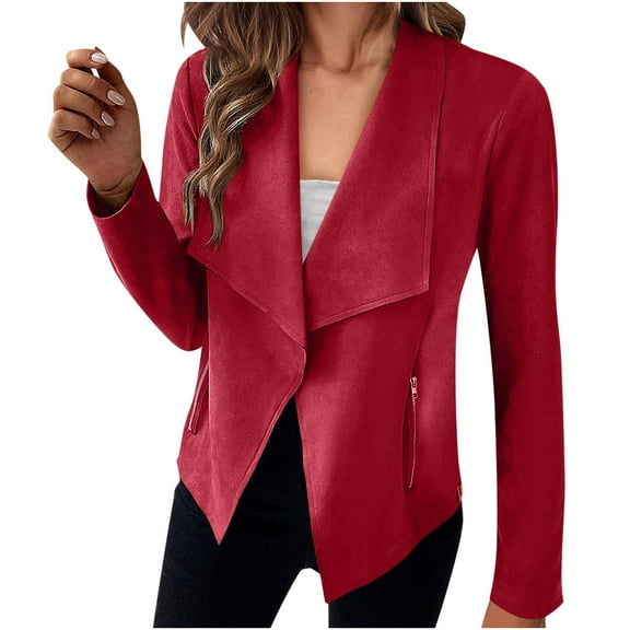 Lovskoo Women's Faux Suede Jackets 2023 Fall Clothes Long Sleeve Open Front Cropped Coat Outwear Red