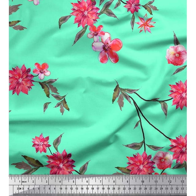 Soimoi Viscose Chiffon Fabric Leaves & Pink Flower Print Sewing Fabric Yard 42 Inch Wide