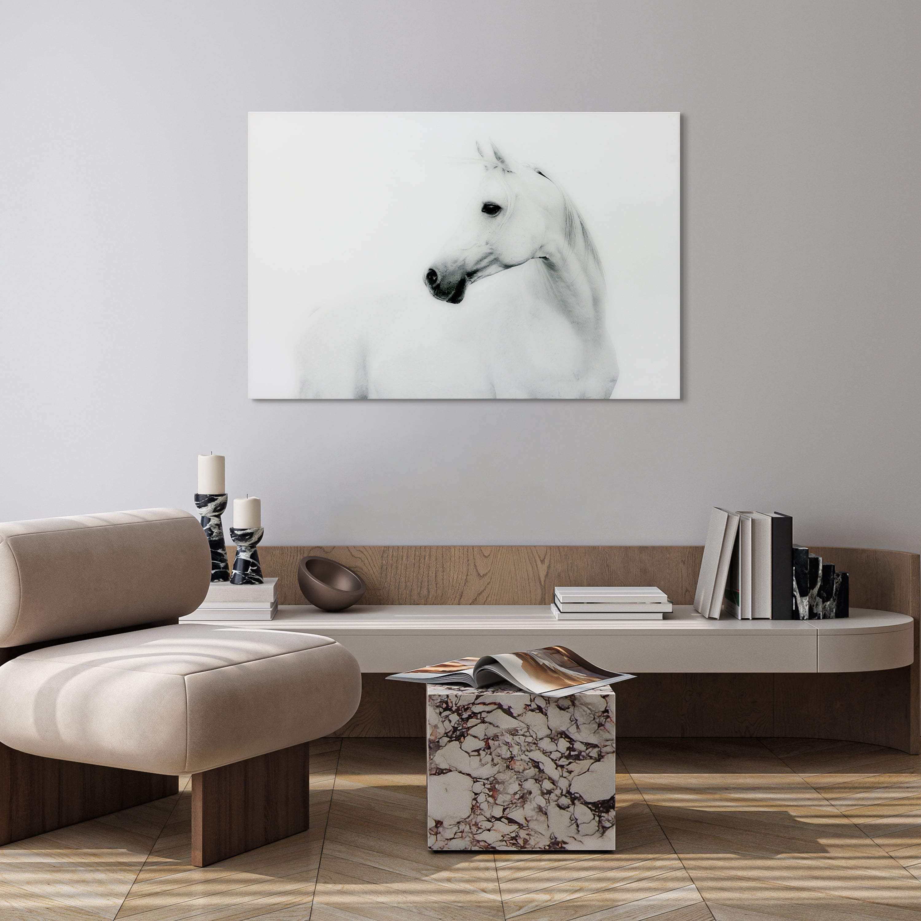 Empire Art Direct Blanco Stallion Horse Frameless Free Floating Tempered Glass Panel Graphic Wall Art, 48" x 32" x 0.2", Ready to Hang