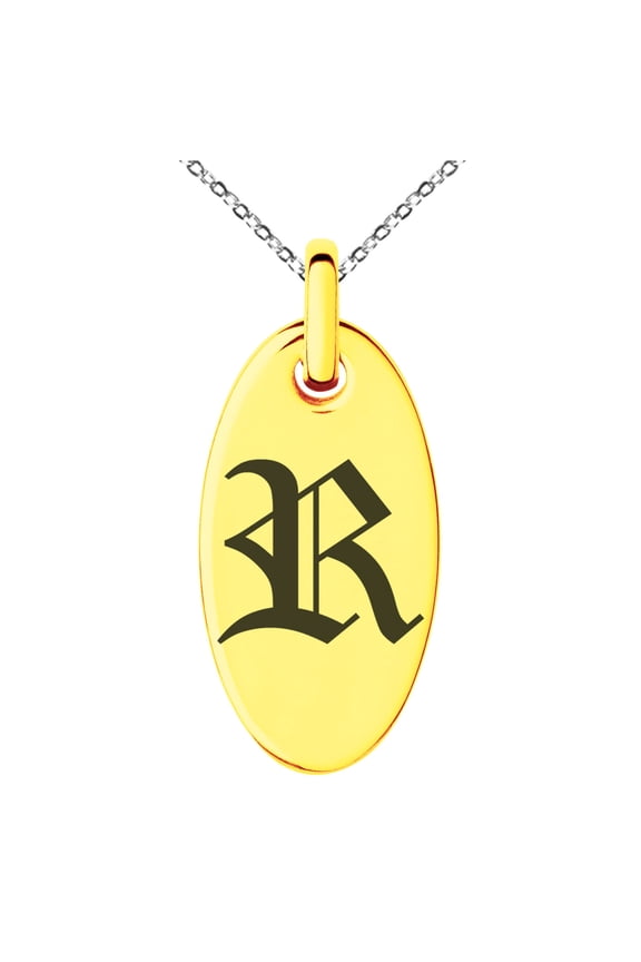 Stainless Steel Letter R Initial Old English Monogram Engraved Small Oval Charm Pendant Necklace