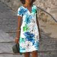 Robes d'Été Robe d'Été Femmes en Vrac Casual V-Cou Imprimé à Manches Courtes Robes Bleu Ciel L