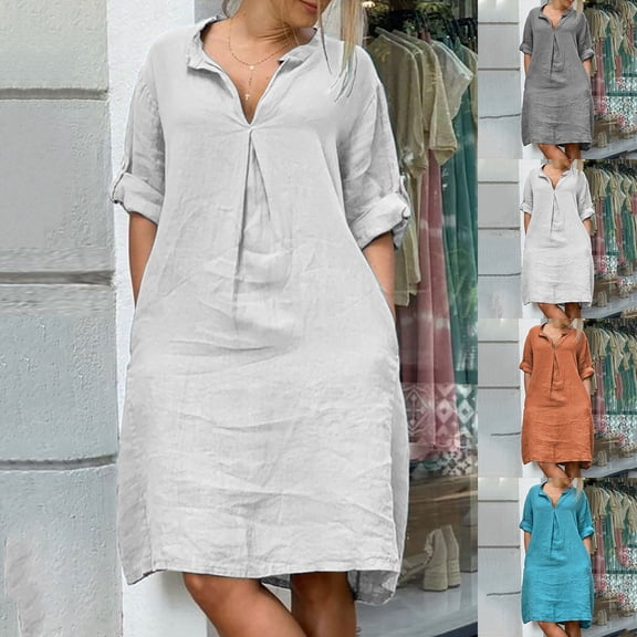 Avtoify Solid Color Casual V-Neck Long Sleeve Multi Color Dresses for Women