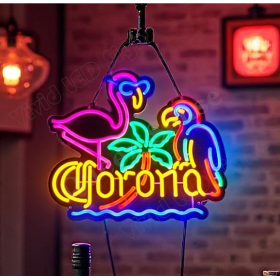 Queen Sense 16"x14" Coronas Flamingo Palm Tree Parrot LED Neon Sign for Wall Decor Dimmable USB Powered LED Light W116CFIP-5VLED