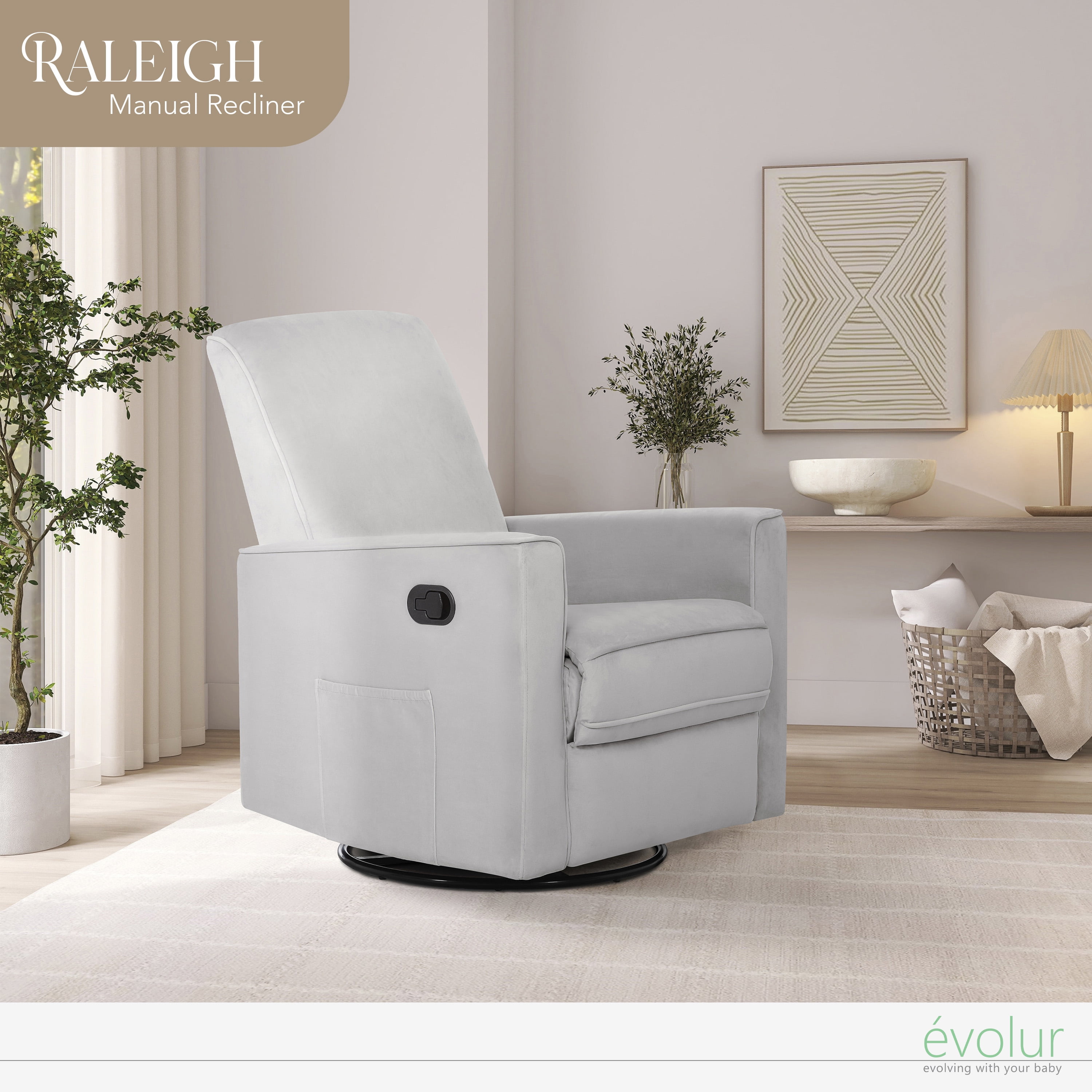 Evolur Raleigh Nursery Glider Recliner and Rocking Chair in Gray, 360° Swivel Motion, Multiple Recline Positions, Easy to Clean, FSC and Greenguard Gold Certified