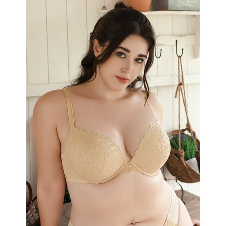 Deyllo Women s Lace Push Up Bra Plus Size Padded Add Cup Plunge Underwired Support T-shirt Bras  Nude 38B