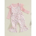 thumbnail image 3 of Suealasg Toddler Girls Fall Outfits Set Clothes 1T 2T 3T 4T 5T Fly Sleeve Ribbed T-shirt +Daisy Print Suspender Flared Pants 2Pcs Autumn Clothing for Little Girls, 3 of 7