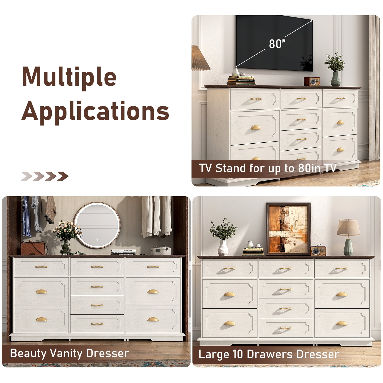 Blotout 70" Large Long Dresser with Deep Drawers, Farmhouse 10 Drawer Dresser for Bedroom, Wide Wood Chest of Drawers with Power Outlets, Antique White Dresser