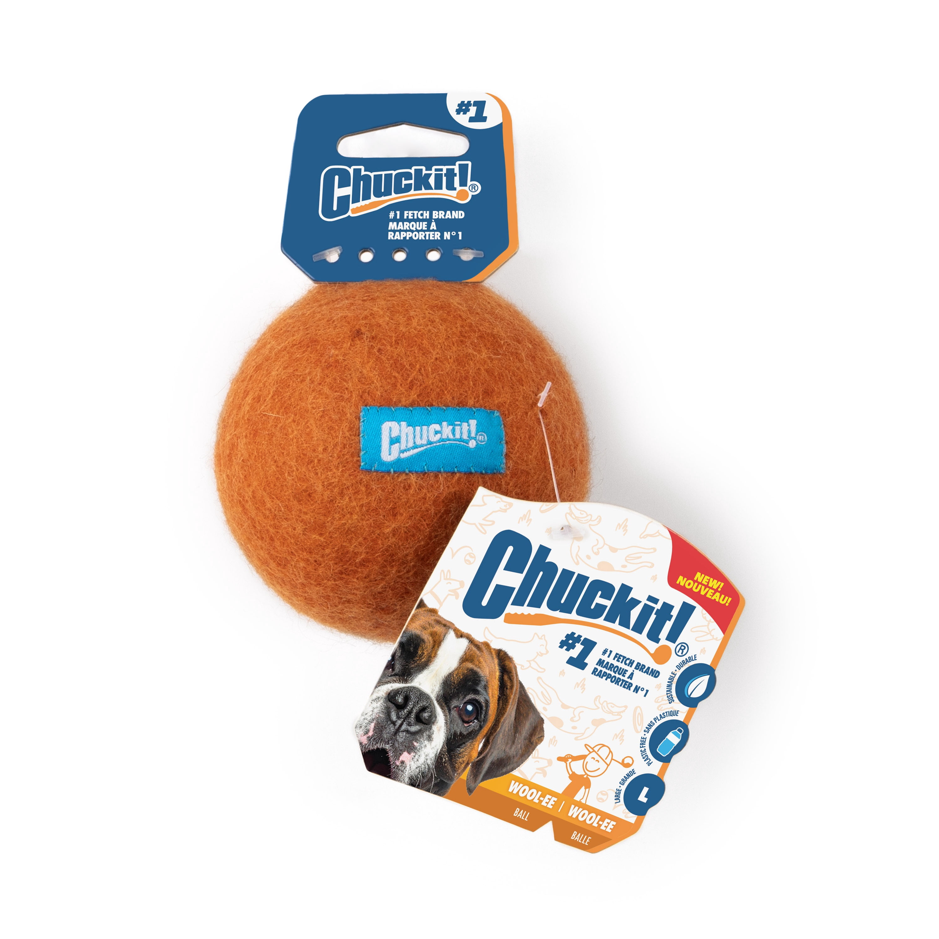 Chuckit! Wool‑ee Plastic‑Free Dog Ball, Large, Orange – All‑Natural Wool Indoor Toy for Dogs Up to 100 lb, Pack of 1