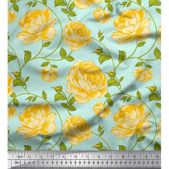 Soimoi Georgette Viscose Fabric Leaves & Rose Floral Print Fabric by the Yard 42 Inch Wide