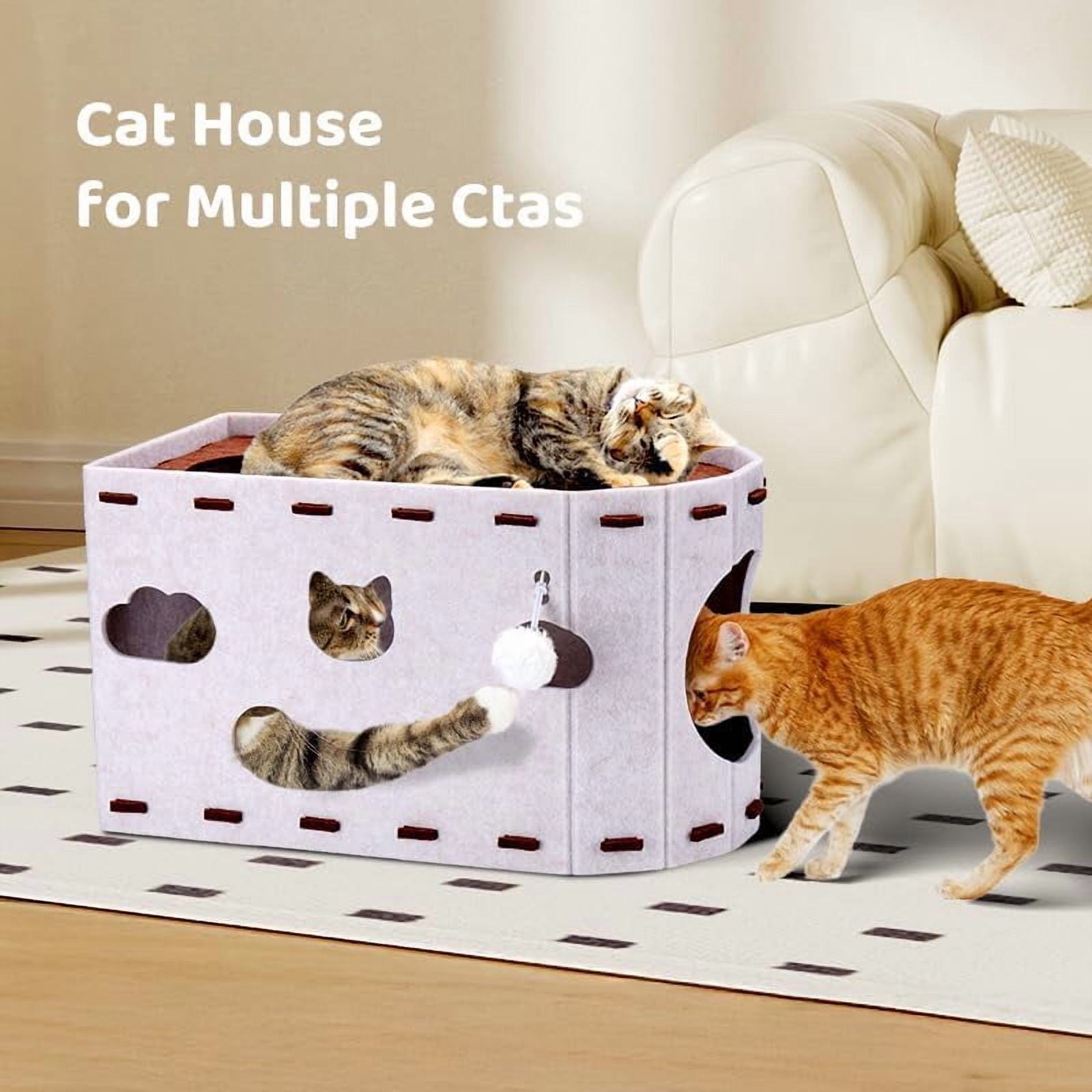 Cat House for Indoor Cats, Foldable Felt Bed Cave with Tunnel & Cat Ball Toy, Large Cat Bed Up for Play, Soft & Warm Cat Beds & Furniture for Indoor Kitten Adult Cats