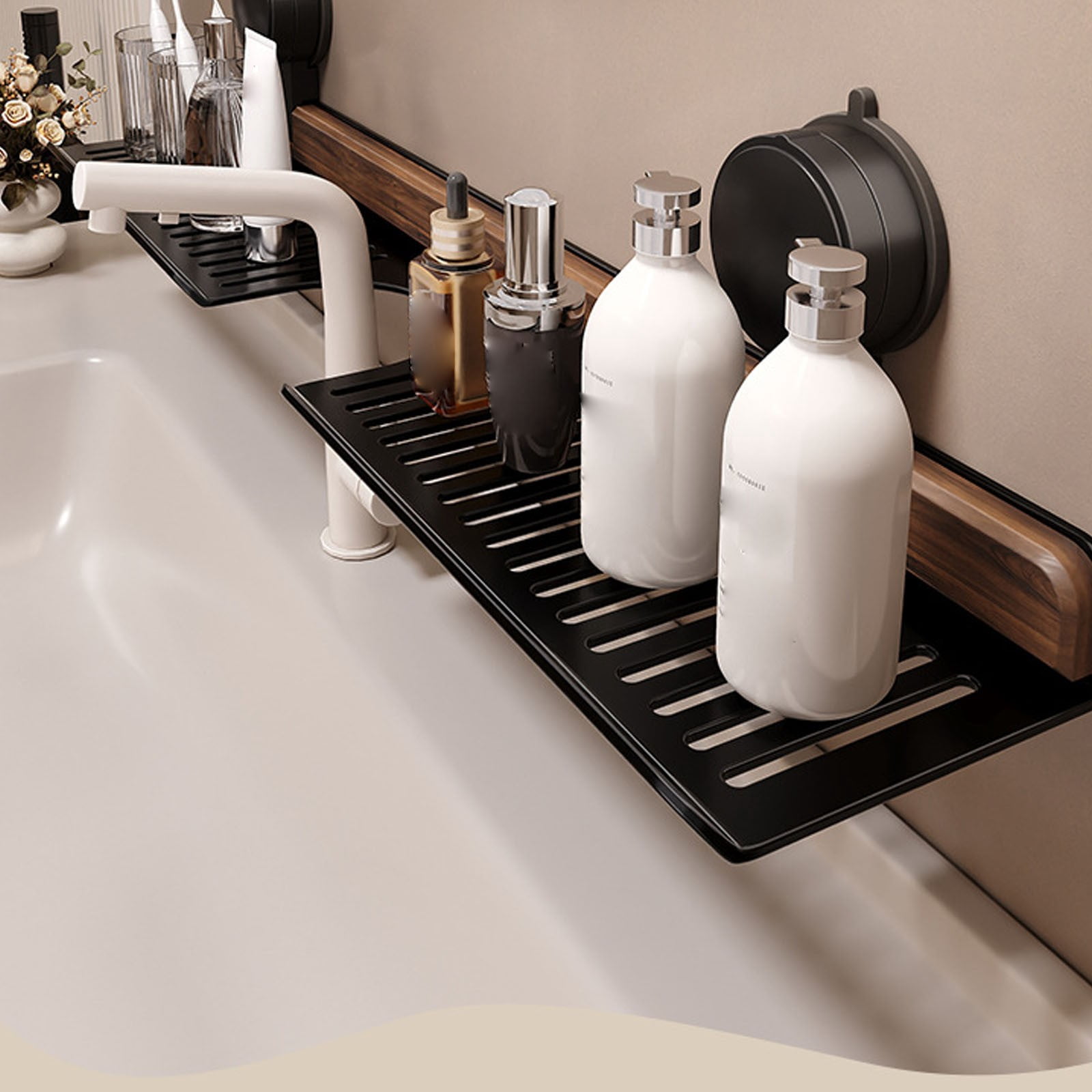 Over-Faucet Suction Cup Shelf, Walnut Wood Bathroom Kitchen Organizer, No Drill Removable Storage Rack for Soap Sponge, Small Spaces & Rvs, A Bathroom And Kitchen Suction Cup Rack